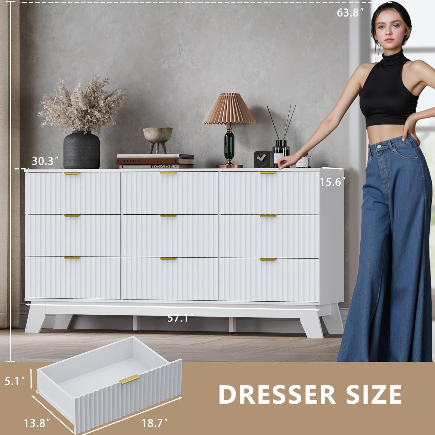 Fluted 9 Drawer Dresser, 57.1" Wide Modern Boho Chest of Drawers, Wooden Storage Dresser TV Stand for Bedroom, Living Room, Closet, Hallway, Curved Profile Design