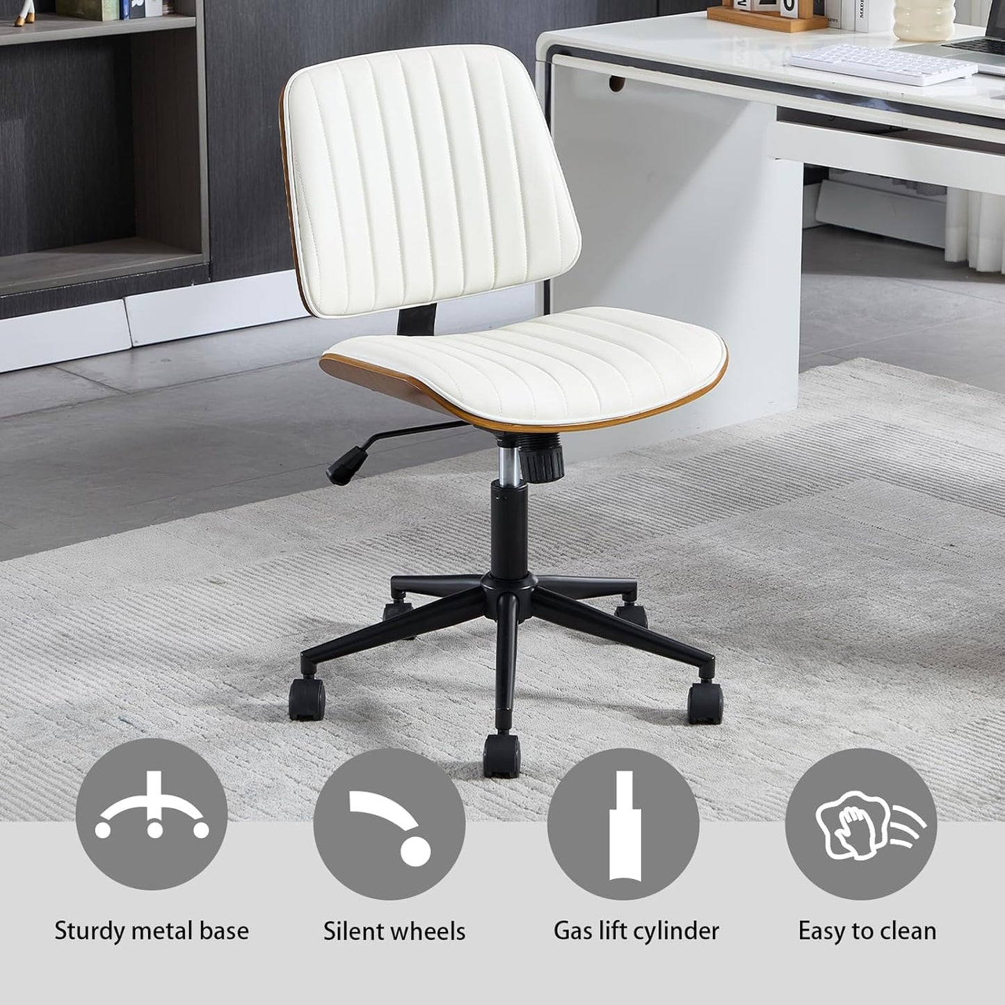 Small Home Office Chair - Armless Mid Back Desk Chair with 360° Swivel and Wheels, PU Upholstered Height Adjustable Modern Walnut Computer Chair for Home, Office Meeting Room - Black