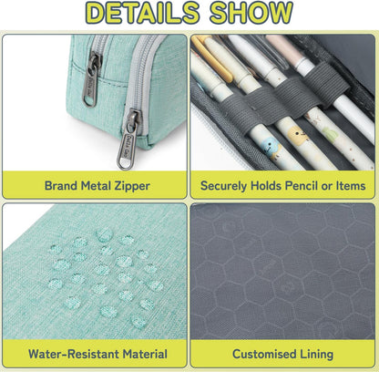 Della Gao Big Capacity Pencil Case, Durable Nylon Pencil Bag Aesthetic Pencil Pouch Travel Simple Stationery Bag Office Organizer Pen Bag for Women and Men - Green