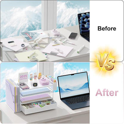 Wood Desk Organizers and Accessories with File Holder, 4-Tier Desk Accessories & Workspace Organizers with Drawer and Pen Holder, Paper Organizer for Office Supplies (White)