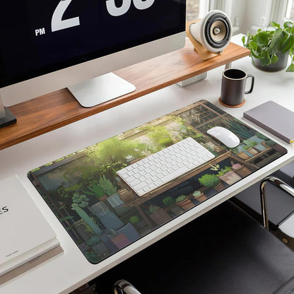 Desk Mat, Cute Lofi Green Extended Large Gaming Mouse Pad for Desk XXL, Non-Slip Rubber Base Stitched Edges Waterproof Long Computer Keyboard Desk Pad Mouse Mat for Home Office Gaming 35.4"X15.7"
