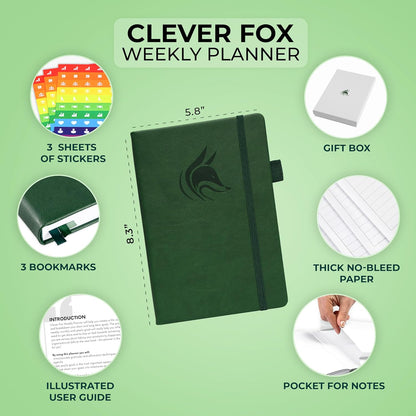 Clever Fox Planner – Undated Weekly & Monthly Planner for Productivity, Time Management & Goals – Organizer Journal – A5 (Dark Green)