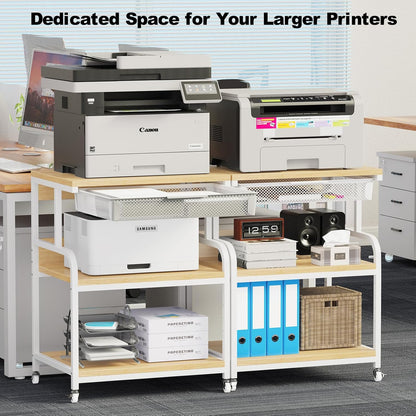 EasyCom Extra Large 3 Tier Printer Table with Wheels, 5-Adjustable Heights, Drawer & Storage for Printer Scanner Fax Home Office Use
