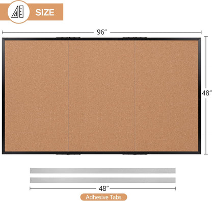 Board2by Extra Large Cork Bulletin Board 96" X 48", Foldable Notice Pin Board for Wall, Black Woodm Framed 8'x4' Corkboard, Wall Mounted Noticeboard with 32 Push Pins for School, Home & Office