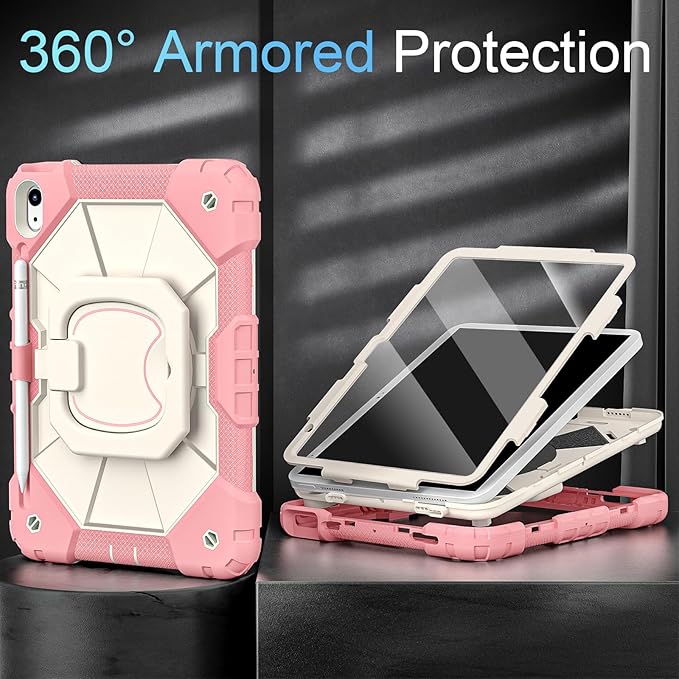 Case for iPad (A16) 11th/10th Generation 11''/10.9'' (2025/2022),Rotating Stand iPad Case 10th Gen with Screen Protector,Heavy Duty Shockproof Cover for 10th Generation 10.9 Inch,Rosegold