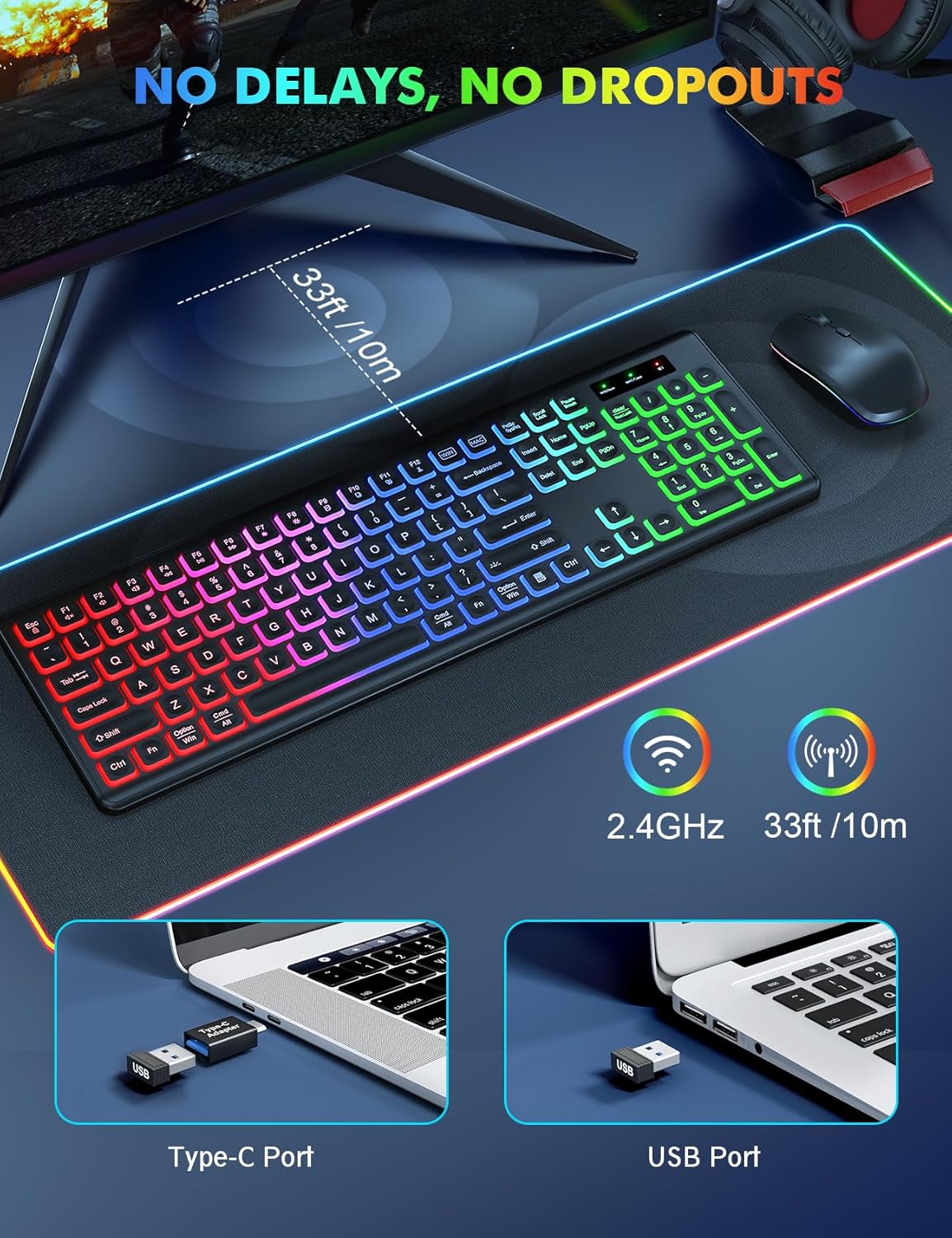 Wireless Keyboard and Mouse Combo - RGB Backlit, Rechargeable & Light Up Letters, Full-Size, Ergonomic Tilt Angle, Sleep Mode, 2.4GHz Quiet Keyboard Mouse for Mac, Windows, Laptop, PC