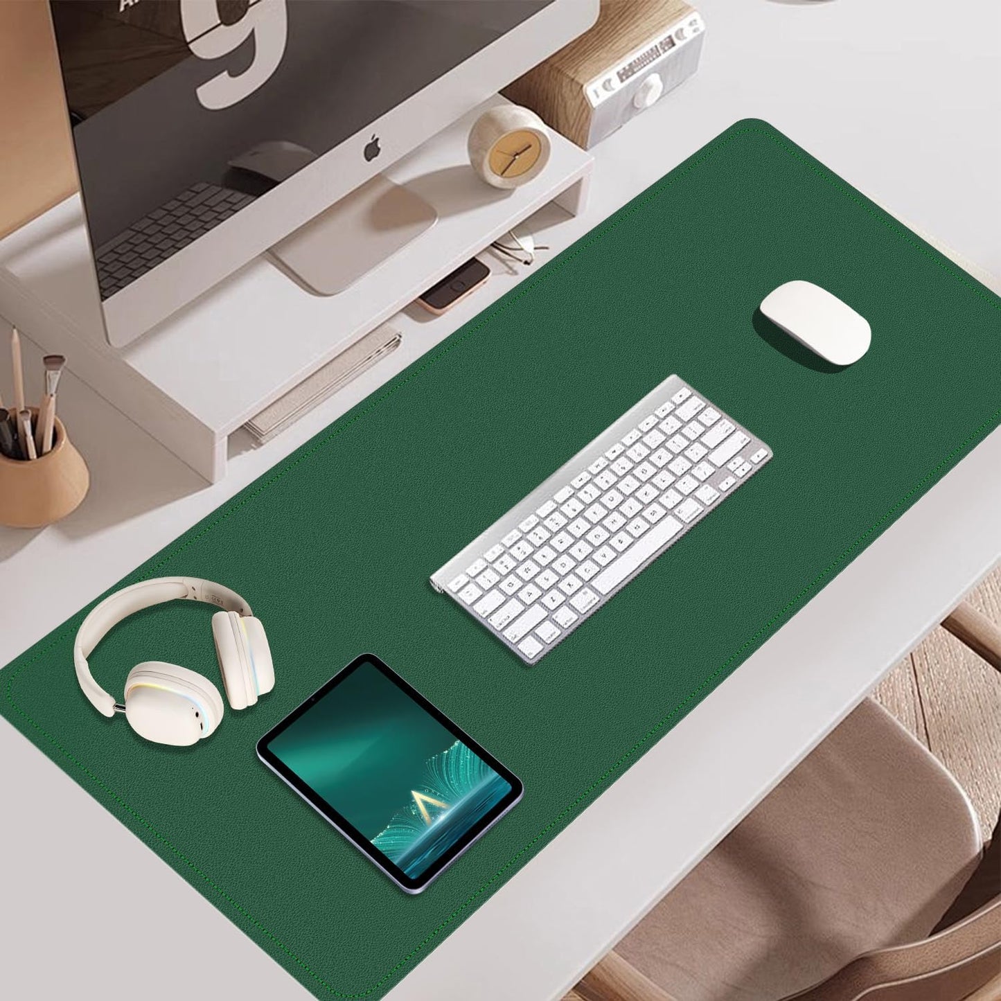 BLESWIN Large Desk Pad Mat 47.2"" x 17"", Office Desk Mat, Non-Slip PU Leather & Cork Desk Blotter for Keyboard and Mouse, Large Desk Mat, Large Mouse Pad for Office & Home(Dark Green)