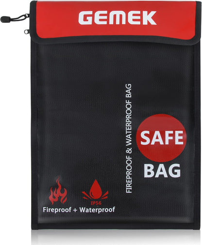 Fireproof Document Bag (2000℉) Upgraded 2 Pockets, GEMEK 15”x 11” Fireproof and Waterproof Money Bag Fireproof Safe Storage for Money, Documents, Jewelry and Passport (Black - 2 Zipper)
