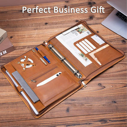 Personalized Genuine Leather Portfolio 3 Ring Binder with Clipboard, Hidden Handle, Custom Engraved 8.5 x 11 Zip Padfolio, Business Professional Organizer for Men Women, Brown