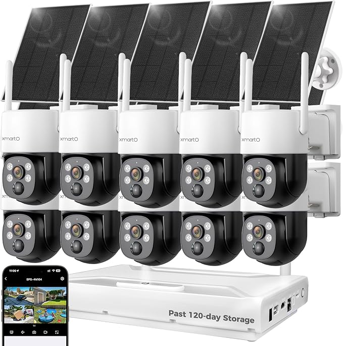 XMARTO 100% Wire-Free Solar PTZ Home Security Camera System Wireless, 10-Set 2K 4MP QHD CCTV Camera Kit with 4K 10CH Expandable WiFi NVR and Past 90-Day Video Storage, All-Weather Solar Charge
