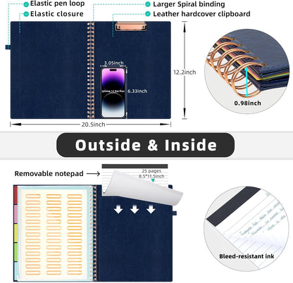 Ospelelf Leather Clipboard Folio with Notepad for Letter Size, Spiral Clipboard Folder with Storage Zipper Pouch, 5 Folders with 10 Pockets, 39 Divider Label Stickers, Pen Loop Series (Blue)