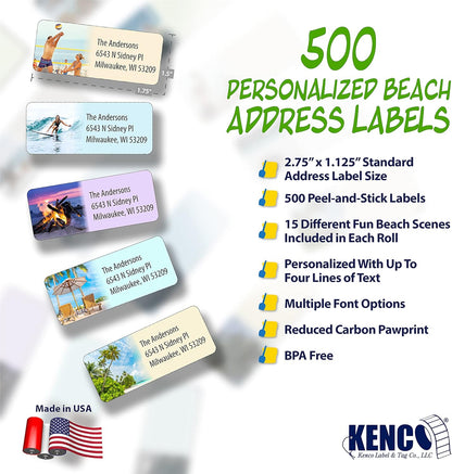 Customized Personalized Address Labels - Made in The USA by Kenco (500 Labels, Tropical Beach)