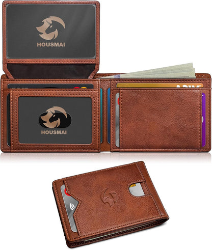 Wallet for Men Wallet with Cash Pocket 2 ID Window 13 Cards,Slim Leather Wallet Front Pocket Card Holder RFID Blocking with Gift Box