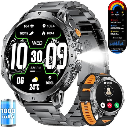 LIGE Smart Watches for Men with 50+Days Standby(1000mAh)/1.85" HD AMOLED Large Screen/Flashlight/50M Waterproof,100+ Sports Fitness Tracker Watch,Pedometer Mens Military Smart Watch for Android iPhone