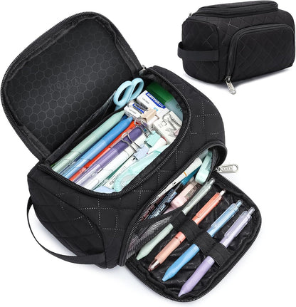 XQXA Extra Large Capacity Pencil Case Organizer, Multifunctional Pencil Pouch with Compartmens, Travel Simple Stationery Bag, Nylon Pencil Bag for Adults (Black Quilted)