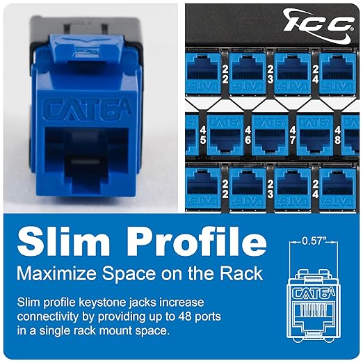 ICC CAT6A Keystone Jack with Slim Profile 180 Degree Punch Down, 10Gbps RJ45 UL Listed PoE++ TAA Compliant for Wall Plate or Patch Panel, Works with JackEasy Termination Tool, Red