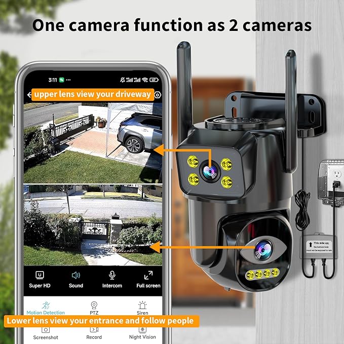 Dual Lens WiFi Security Camera Outdoor, 2.4G/5G PTZ Outdoor Plug-in Camera Auto Tracking,Home Security Surveillance System,WiFi,Night Vision,7/24 Recording