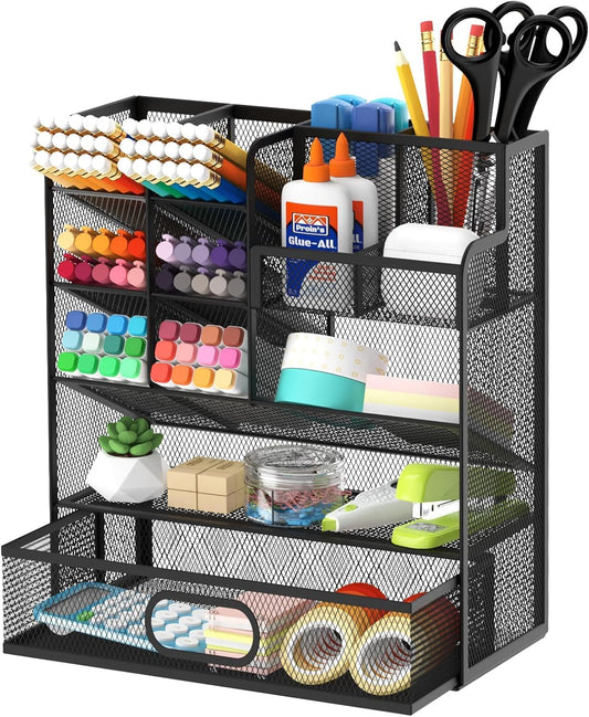 Mesh Pen Organizer for Desk, Multi-Functional Pencil Holder with Drawer Desk Organizers, Large Capacity Storage for School Office Home Supplies (Black)