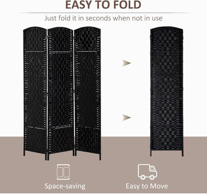 HOMCOM Room Divider, 3 Panel Folding Privacy Screen, 6FT Tall Portable Wicker Weave Partition Wall Divider for Bedroom, Home Office, Black