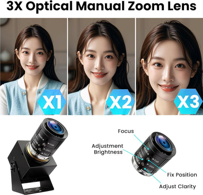 USB Camera 120fps High Speed Webcam Golf Swing 4K 12Megapixels USB Cam with 3X Manual Optical Zoom Lens Lightburn PC Computer Plug and Play for Linux Windows Mac OS