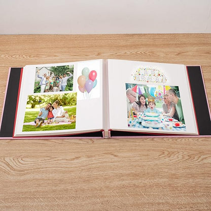 Large Photo Album Self Adhesive 4x6 8x10 10x12 13"x12.8" Magnetic Scrapbook Album 12.6"x11" Inch 60 Sticky Pages Linen Cover DIY Photo Album with A Metallic Pen and DIY Stickers(Pink)