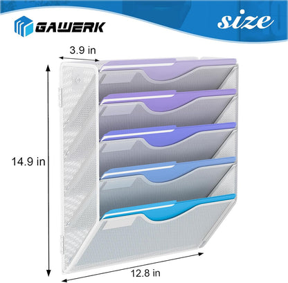 5 Tier Hanging Wall File Organizer, Mesh Mail Paper Orgnization Hanging File Folder Holder for Home Office, White