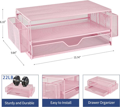 AUPSEN Computer Monitor Stands Riser，2-Tier Desk Organizers and Accessories, Office Desk Accessories Organizer with Drawers and 2 Pen Holder for Office Supplies (Pink)