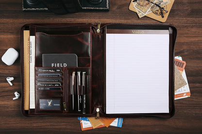 Handmade Genuine Leather Portfolio Organizer for IPad/Document, Business Padfolio with A4 Leather Notepad Holder, Leather Compact Folder Conference Portfolio for Men and Women, Red Brown