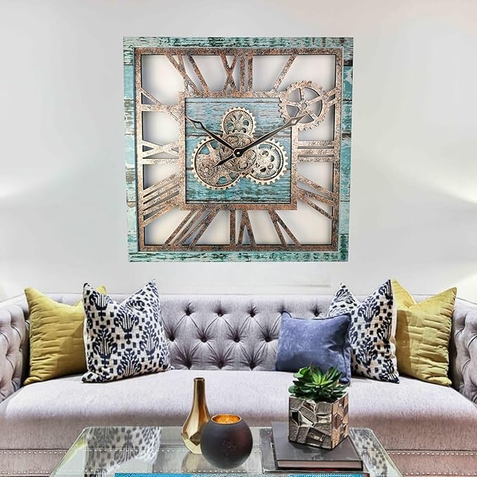ImprovingLife The Gears Clock 24'' Inch Square Real Moving Gear Wall Clock Vintage Industrial Oversized Rustic Farmhouse (Aqua Green)