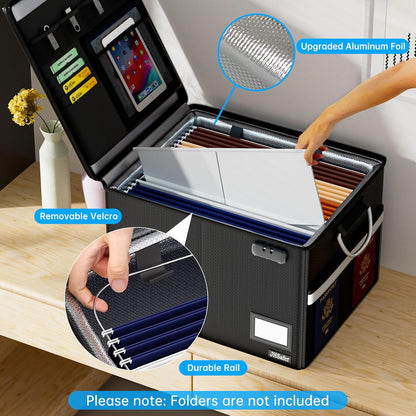 5200℉ Fireproof Document Box with Lock, Waterproof File Organizer with Handle, Portable Collapsible Filing Cabinet with Reflective Strip for Hanging Letter/Legal Folder, Black