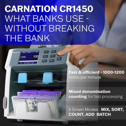 CARNATION CR1450 Multi-Currency Bill Counter and Sorter with Counterfeit Detection - Money Counter Machine with MG, IR, MT, UV & CIS Image Recognition