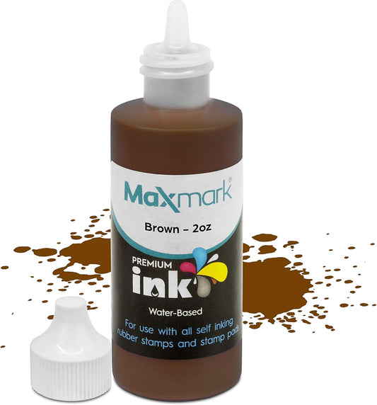 MaxMark Premium Refill Ink for self Inking Stamps and Stamp Pads, Brown Color - 2 oz.