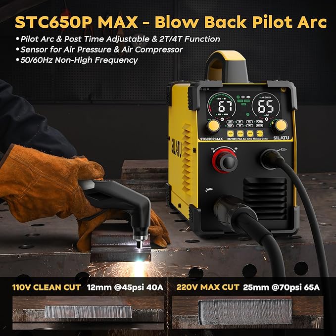 SILATU Plasma Cutter, 65Amps Non-HF Blowback Pilot Arc CNC Plasma Cutter Machine, 110/220V Dual Voltage Large LED Display Air Sensor Technology, 3/5'' Clean Cut 1'' Max Cut, PT/2T/4T for Beginners DIY