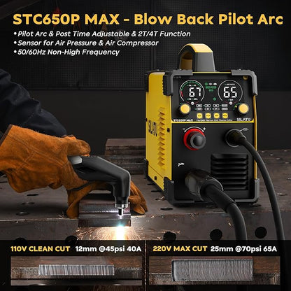 SILATU Plasma Cutter, 65Amps Non-HF Blowback Pilot Arc CNC Plasma Cutter Machine, 110/220V Dual Voltage Large LED Display Air Sensor Technology, 3/5'' Clean Cut 1'' Max Cut, PT/2T/4T for Beginners DIY