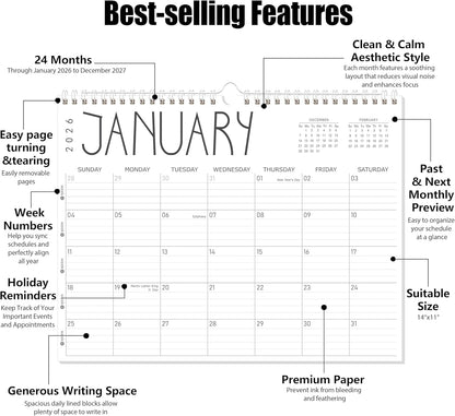 GuassLee Wall Calendar 2026-2027, 24-Month Wall Calendar Runs from January 2026 until December 2027,14" X 11" Hanging Monthly Planner with Thick Paper, Ruled Blocks for Home School Office Organizing