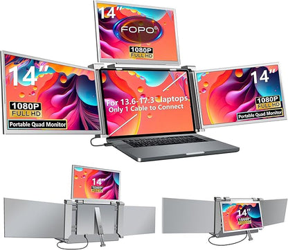 FOPO 14" Laptop Screen Extender Monitor Portable, Quad Monitor, Just 1 Cable for 3 Screens, FHD 1080P IPS Laptop Extender Compatible with Wins/Mac(M1 M2 M3) for 13.6" - 17.3" Laptops