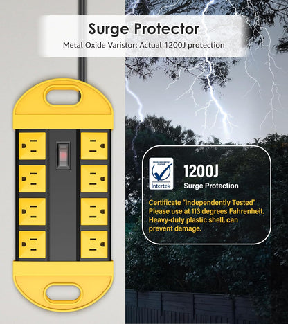 CCCEI GFCI Outdoor Power Strip Weatherproof with 8 AC, Waterproof Extension Cord with Multiple Outlets, Wall Mount Surge Protector Flat Plug, Christmas Exterior Garden, Yard, 6FT, Yellow.