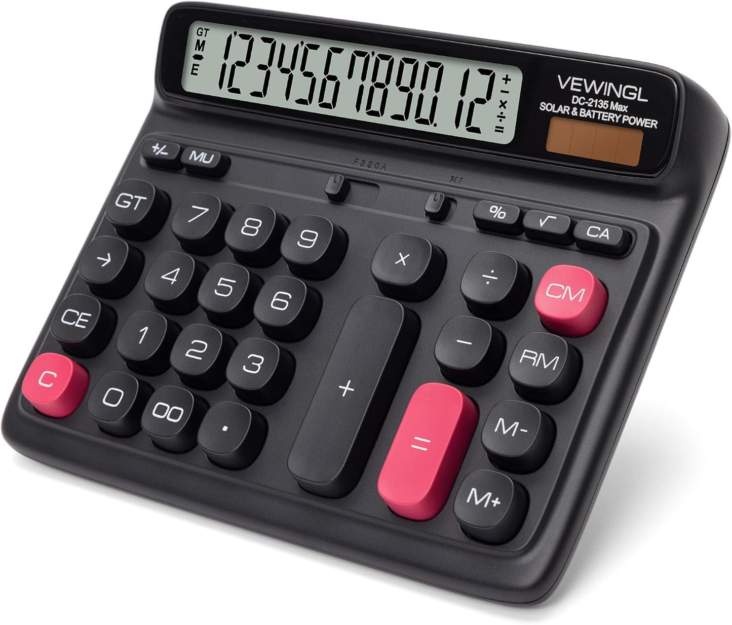 VEWINGL Desktop Calculator, 12-Digit Large LCD Display, Big Computer-Style Keys, Dual Power (Solar & Battery), Auto Sleep Mode, for Office, School, Home & Business 7.5″ x 6.1″ (Black, L)