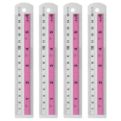 HARFINGTON 4pcs Metal Straight Ruler 15cm Metric SAE Aluminum Alloy Measuring Rulers Scale Tools with Hole for Measure Study Reading Classroom Office, Pink