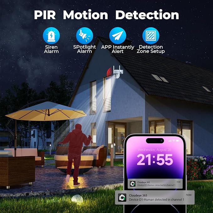 Camcamp Security Cameras Wireless Outdoor, Solar Powered Wireless Security Camera System, 2K PTZ, Color Night Vision, PIR Motion Detection, App Alert, 2-Way Talk, IP66 Waterproof