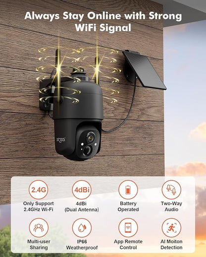 Dzees Solar Security Cameras Wireless Outdoor, 2K Battery Powered Security Camera, 360° PTZ Camera with Spotlight, Siren, Color Night Vision, AI Dectection, IP66 for Home Security, 2.4GHz 2-Pack