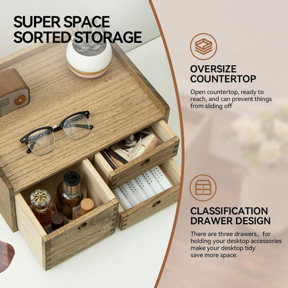 KIRIGEN Desk Organizer with 3 Drawers - Wood Drawer Storage Box with Trays for Tabletop - Workspace Office Toiletries Supplies Tool Caddy - Wooden Storage Cabinet1 Layer Dark Brown（DT1D3C-DBR）