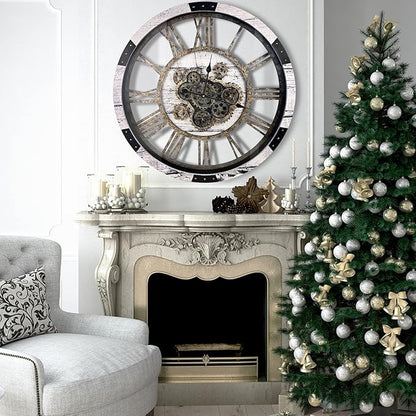 DORBOKER 24" Large Wall Clock with Moving Gears,Oversize Vintage Industrial Rustic Farmhouse Clocks for Living Room Decor Office Home,Solid Wood HD Tempered Glass Cover,White Grey