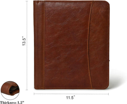 Full Grain Leather Business Portfolio Padfolio Document Organizer with Writing Pad Resume Professional Interview Zipper Writing Notepad Folder for Women Men Cognac