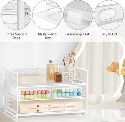 Subekyu 3 Tier Letter Tray Paper Organizer with Handle, 1 PC Sliding Tray, White Metal Mesh Desk File Folder Paper Sorter Organizer for Home Office School Desk Supplies Organization Storage
