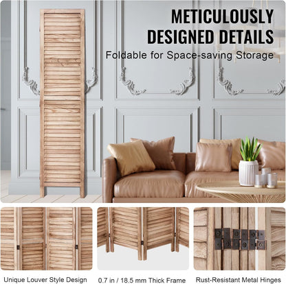 VEVOR Wood Room Divider, 6 Panel Wood Folding Privacy Screen, 66.9 Inches Tall Indoor Louvered Partition Divider, Portable Decoration Screen, for Room Separation, Home, Office, Restaurant & Bedroom