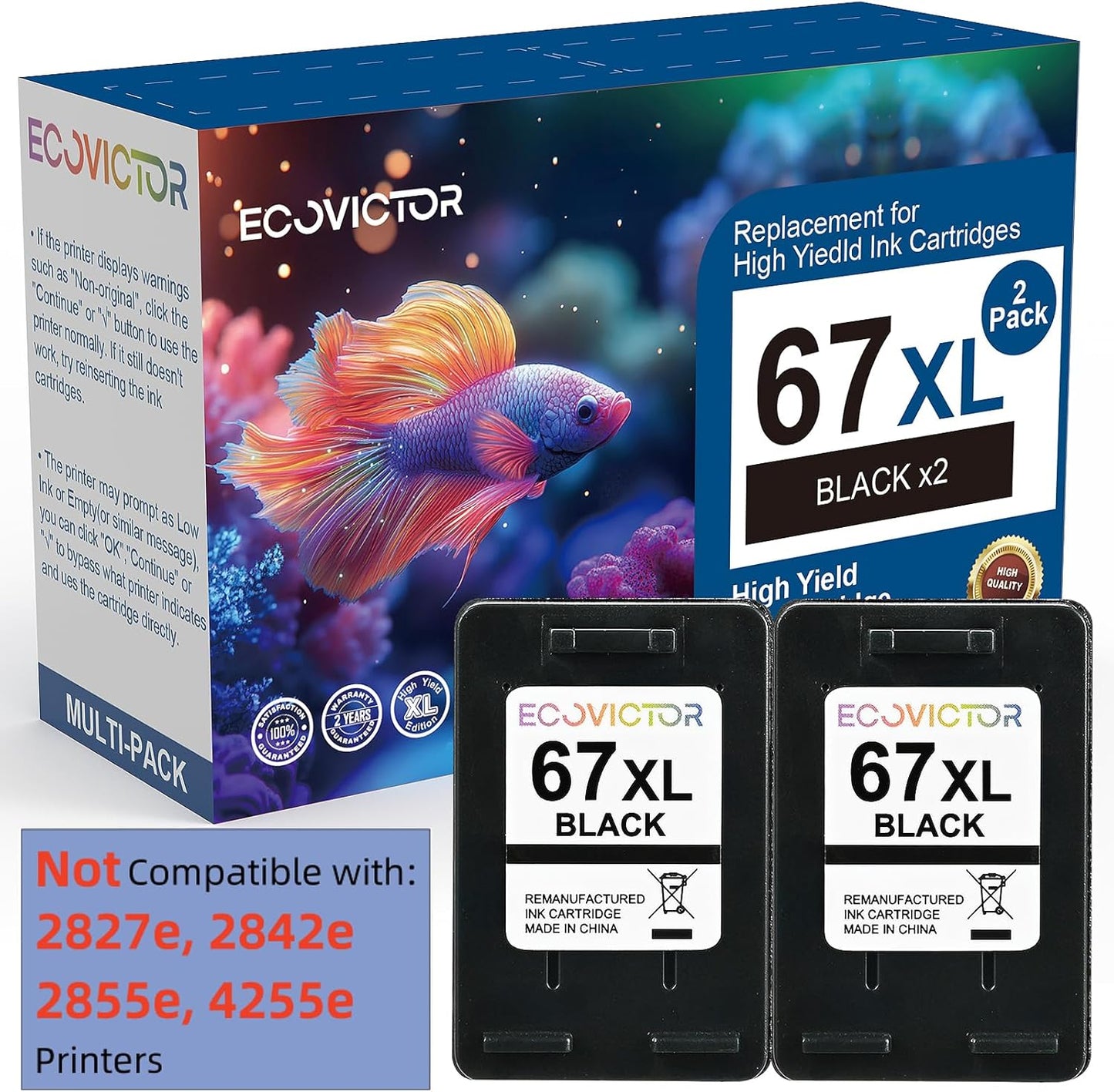 EcoVictor 67XL Black Ink Cartridge Replacement for HP 67 XL (2-Pack) Compatible to HP DeskJet 2755e 2700 2700e 4155e 2752 2755 4100 4100e 2320 Envy 6055e 6000 6000e 6455e 6400 6400e 6458 6052 Printer