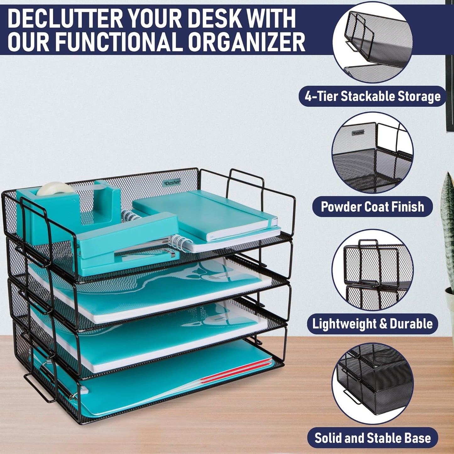 Stackable Paper Tray Desk Organizer, 4-Tier Metal Mesh Letter Organizers for Business, Home, School, or Store Use, Organizes Files, Folders, Letters, Paper, Binders, Multi-Functional Desktop Storage