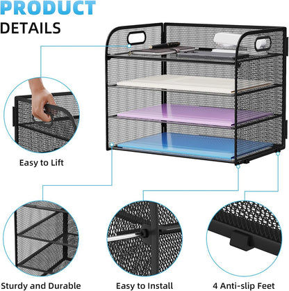 Marbrasse 4 Tier Paper Organizer Letter Tray - Mesh Desk File Organizer with Handle, Paper Sorter Organizer for Letter/A4 Office File Folder Holder (Black, 12.6" x 9.1" x 10.7")