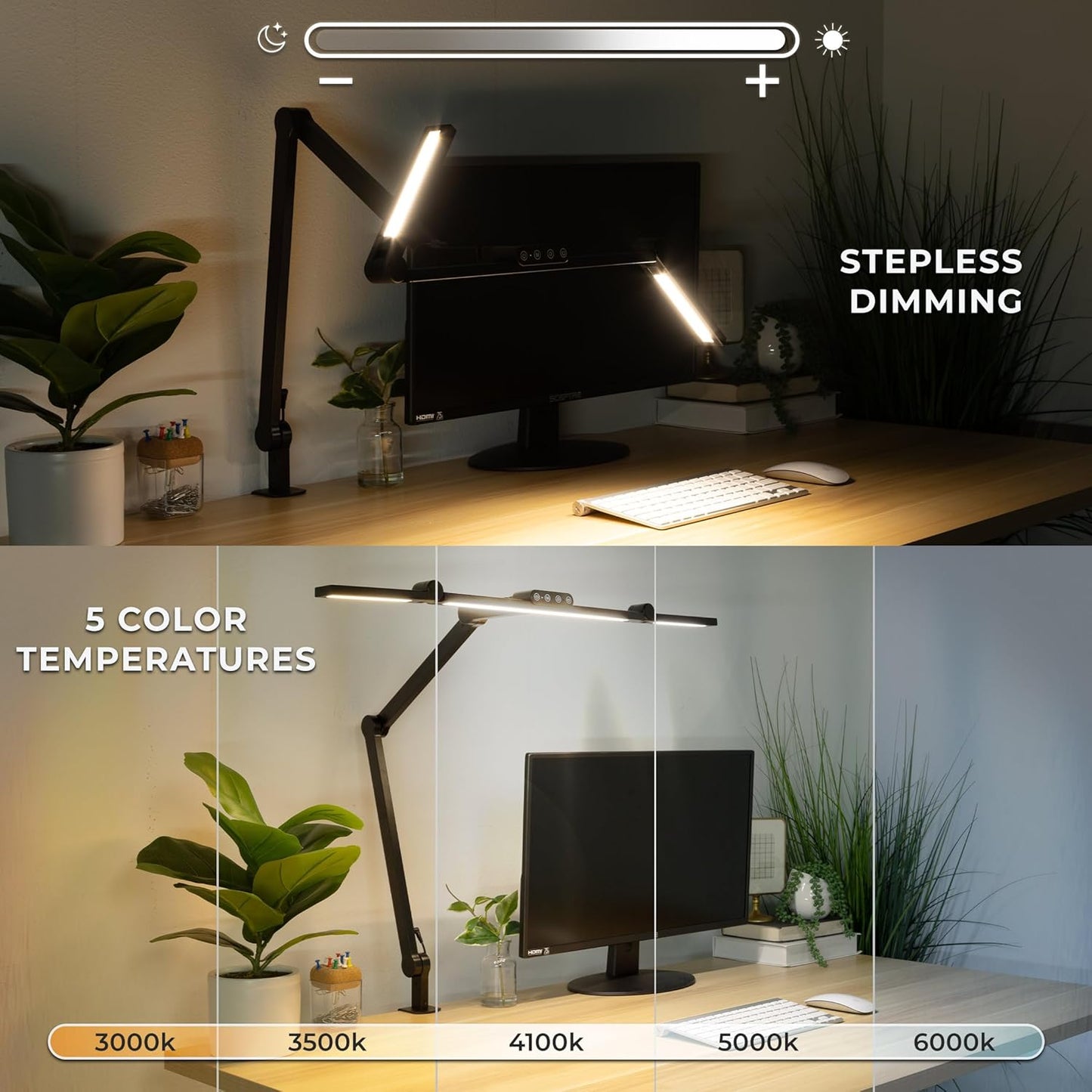 Mount-It! LED Desk Lamp with Adjustable Swing Arms and Clamp Base, Touch Control, Stepless Dimming, and 5 Color Temperatures, Eye-Caring Lighting for Work, Study, and Crafting
